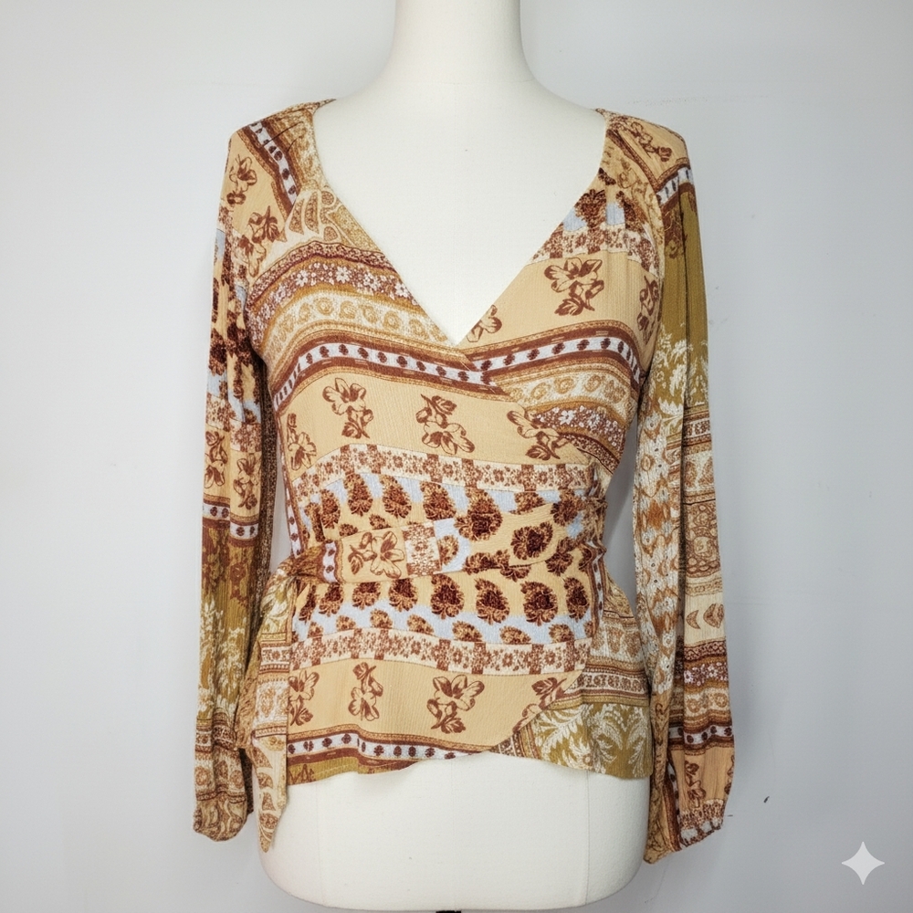 Savannah Jane S/M Top Wrap Blouse Boho Tan Print Balloon Sleeve Crepe Belted Tie